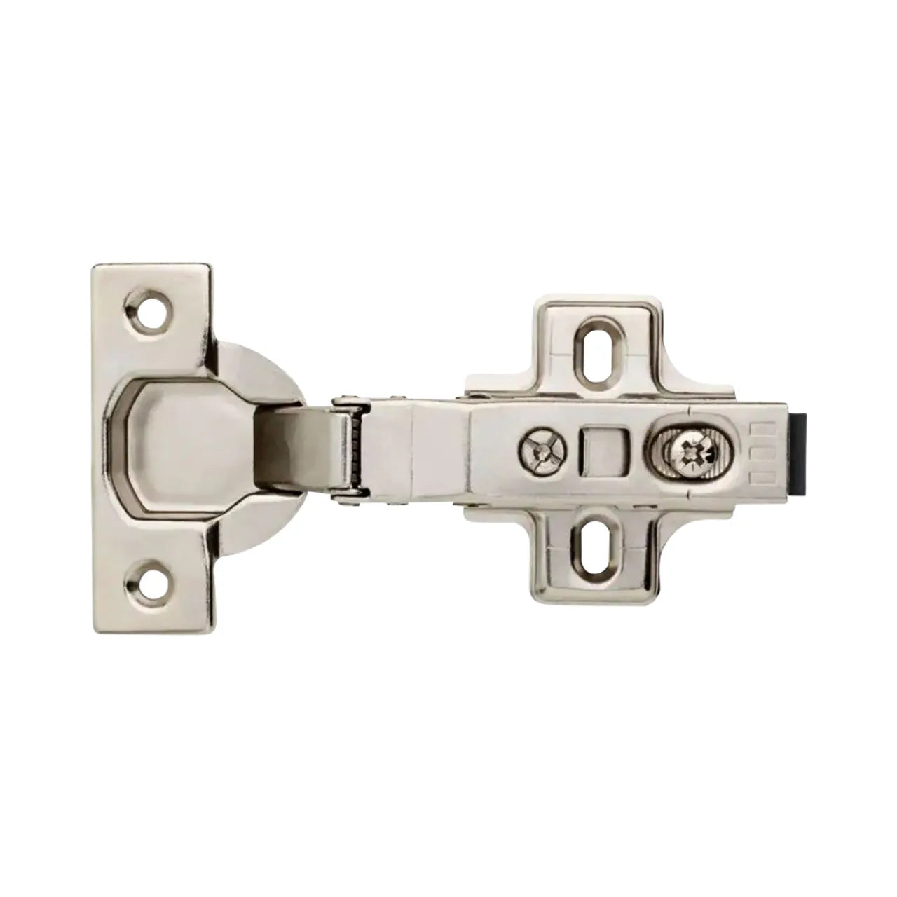 A close-up of the Go Build 35 mm 110-Degree Full Overlay Soft Close Cabinet Hinge (1-Pair, 2 Pieces), designed for concealed mounting on cabinetry doors. Features shiny silver finish, flat plates, and screw holes for easy installation.
